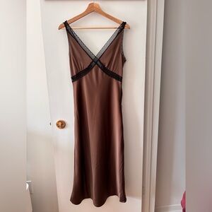 Brown Lace-Trim satin Dress from